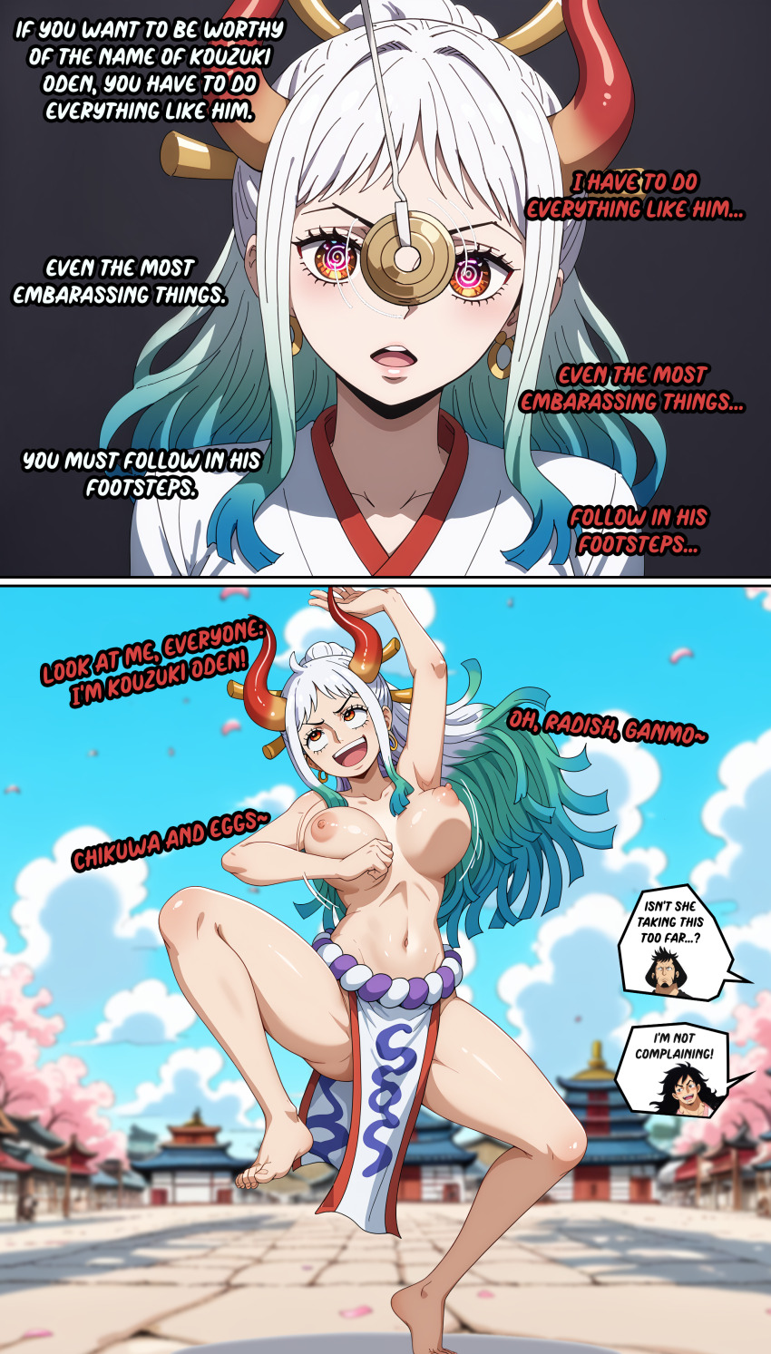 absurdres ai_art barefoot before_and_after belt bouncing_breasts dancing dialogue earrings english_text fungip_(generator) horns humiliation humor kimono large_breasts loincloth navel nipples one_piece open_mouth orange_eyes pendulum singing smile spiral_eyes standing_at_attention text topless white_hair yamato_(one_piece)