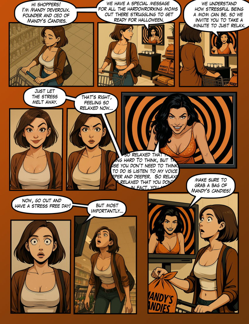 ai_art altered_common_sense before_and_after black_hair brown_eyes brown_hair candy cleavage clothed collarbone comic crop_top dazed dress english_text female_only femdom femsub financial_domination fortunadoe_(generator) halloween hypnotic_screen instant_loss jeans midriff milf multiple_girls navel open_mouth shopping_cart short_hair shrunken_irises smirk speech_bubble spiral tech_control text