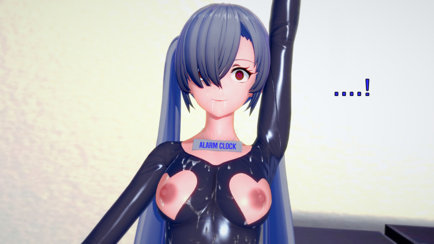 3d 8x9wo blue_hair bodysuit covered_with_cum drool female_only femsub happy_trance human_furniture inanimate_object koikatsu! long_hair original red_eyes robotization sequence symbol_in_eyes tech_control text translated