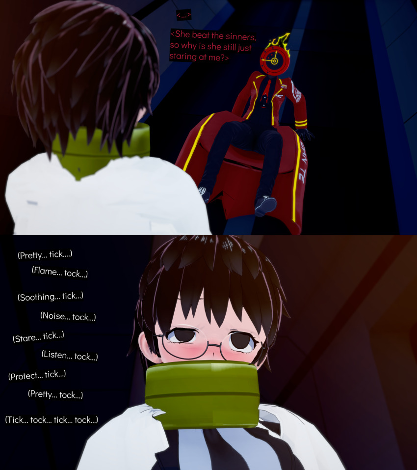 accidental_hypnosis black_eyes black_hair blush cyanstargazer dante_(limbus_company) femsub glasses hypnotic_accessory limbus_company maledom robe sora_(limbus_company) tagme text tick-tock_saying