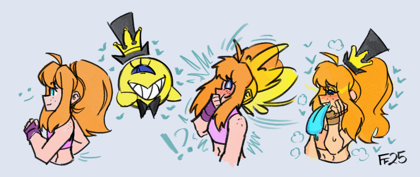 alternate_costume bill_cipher blue_eyes blue_sclera blush bow_tie crown disney evil_smile eye_color_change fanterfane fayne_(fanterfane) femboy fingerless_gloves floating gloves gravity_falls green_eyes hat heart long_hair long_tongue malesub midriff navel orange_hair original ponytail possession sequence simple_background smile surprised symbol tongue tongue_out