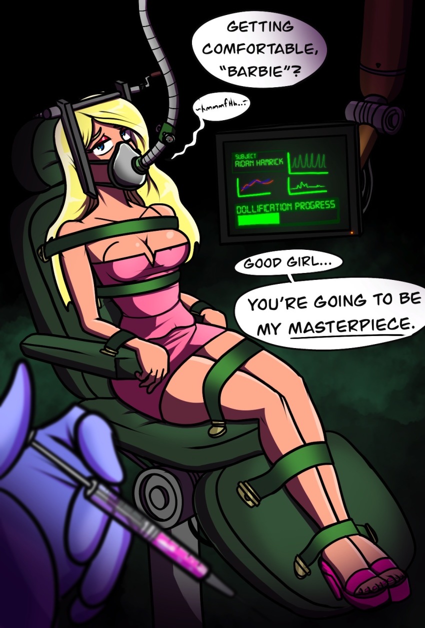 blonde_hair blue_eyes bondage breasts chair cleavage corruption dollification dress eyeshadow femsub gas_mask llamallamathesecond long_hair looking_at_viewer makeup maledom monitor pov pov_dom progress_indicator restrained shoes sitting speech_bubble syringe text