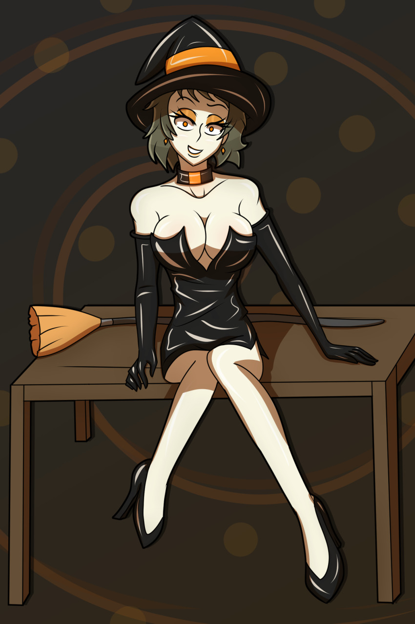 bare_legs bare_shoulders black_hair breasts cleavage collar empty_eyes female_only femsub gloves halloween high_heels hy2300 knees_together latex looking_at_viewer persona_(series) persona_5 sadayo_kawakami short_hair smile solo tech_control witch witch_hat