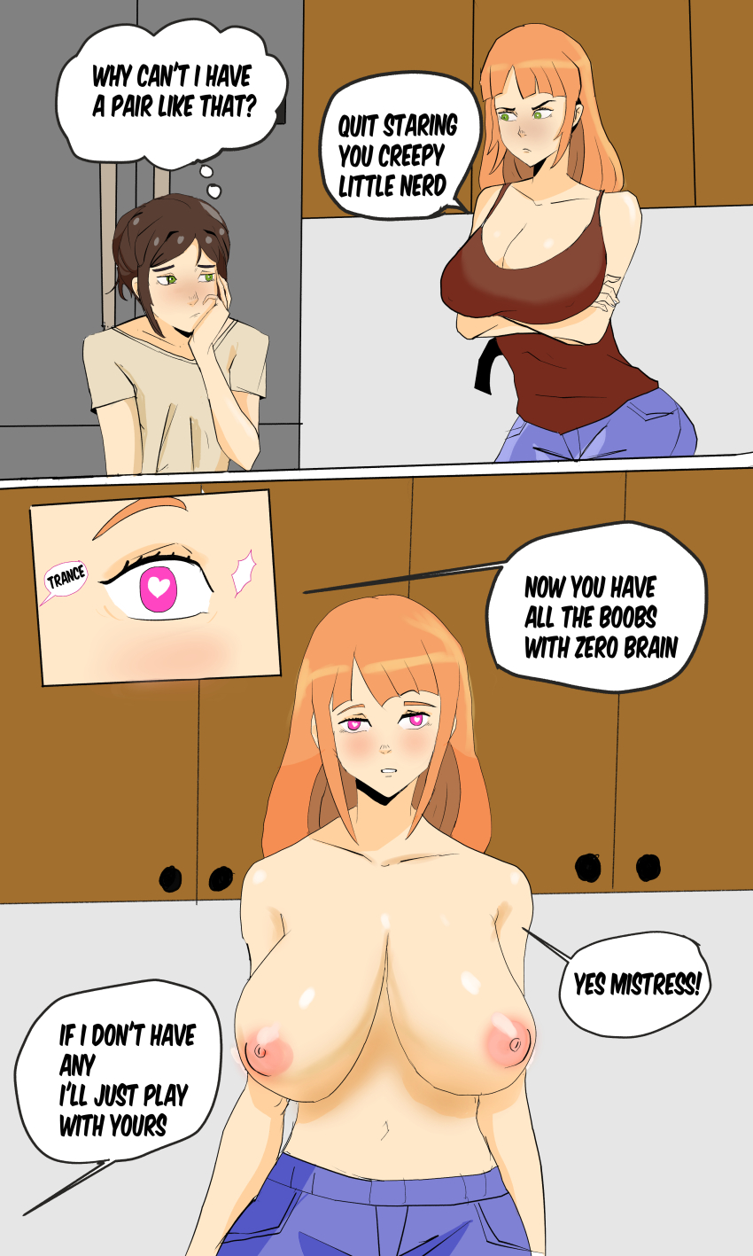 absurdres angry bangs brain_drain breasts brown_hair cleavage collarbone comic crossed_arms dialogue expressionless female_only femdom femsub green_eyes heart_eyes heavy_eyelids huge_breasts hunter-whip long_hair nipples orange_hair original pants pink_eyes shirt short_hair speech_bubble symbol_in_eyes tank_top text thought_bubble topless trigger yuri