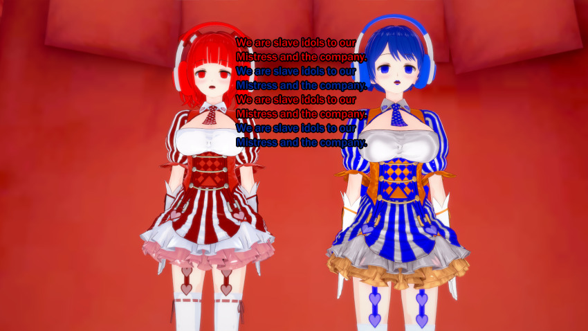 3d bangs blue_eyes blue_hair clothed dress empty_eyes english_text expressionless female_only femsub forced_employee gloves headphones koikatsu! mantra multiple_girls multiple_subs open_mouth red_eyes red_hair rin_(sonrio) short_hair sonrio12 standing standing_at_attention tech_control text thighhighs