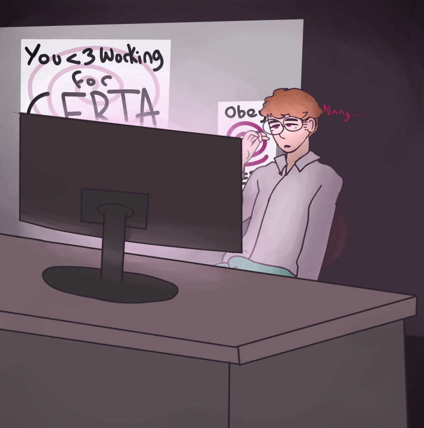 certa_solutions confused corporatification dazed dr._riley_stevens_(hypnoposting) dronification empty_eyes erection_under_clothes expressionless eye_color_change hypnoposting hypnotic_screen malesub office orange_hair transgender_identity transmasc weak_resistance