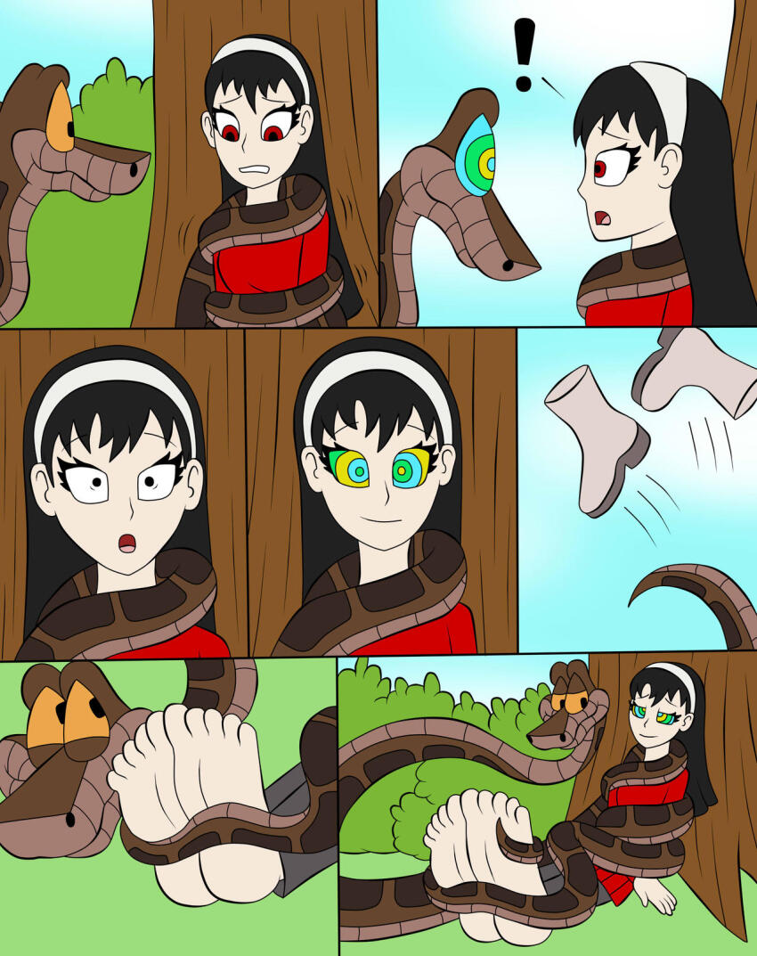 barefoot black_hair clothed coils comic disney feet femsub foot_focus hair_band happy_trance jerrydestrtoyer kaa kaa_eyes long_hair massage milf outdoors pants restrained shirt shrunken_irises sitting snake spy_x_family surprised the_jungle_book yellow_sclera yor_briar