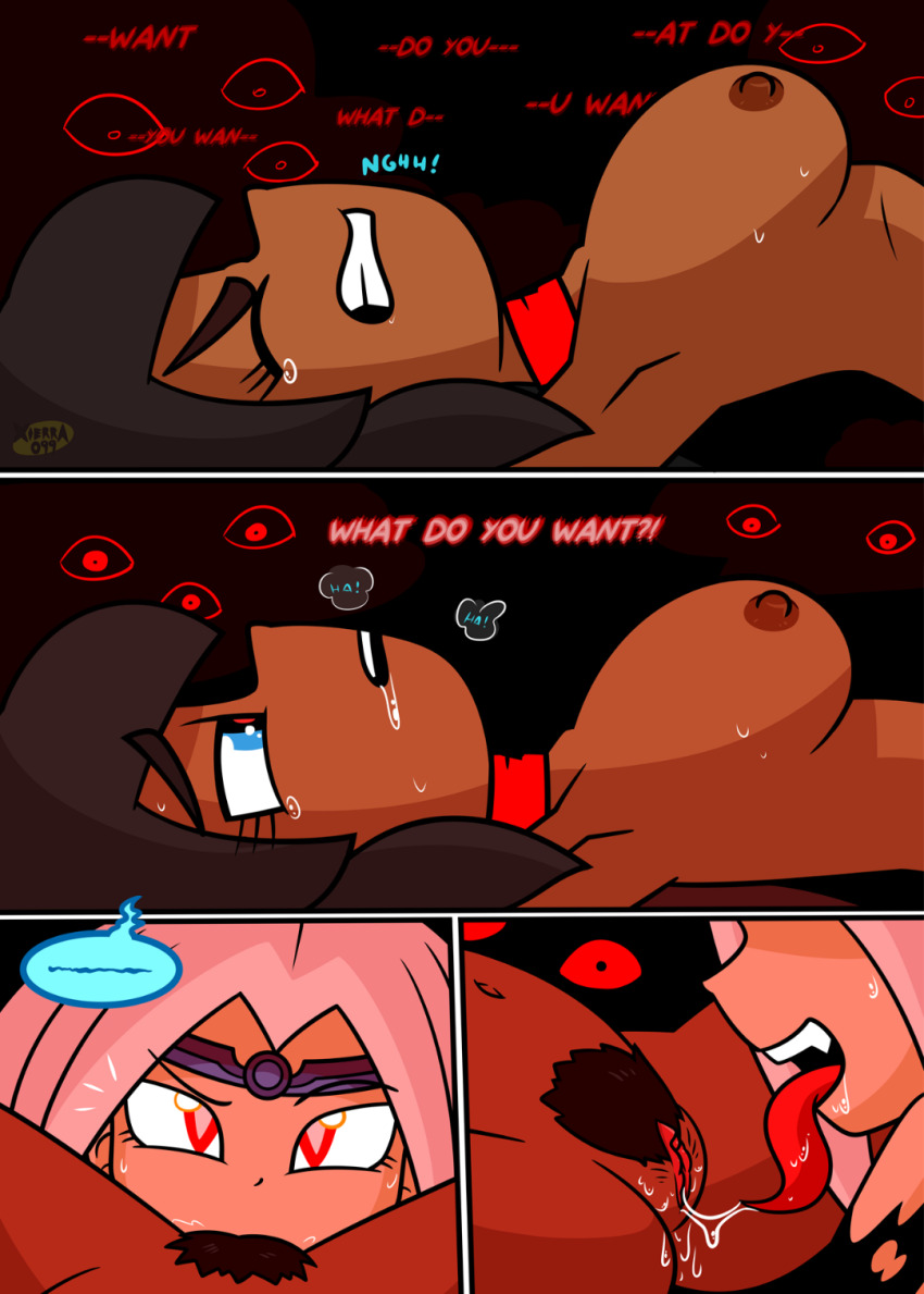 arms_above_head caption collar comic corruption crown cunnilingus dark_skin drool female_only femdom femsub long_hair nude nun pubic_hair pussy restrained spread_legs tongue white_hair witch xierra099 yuri