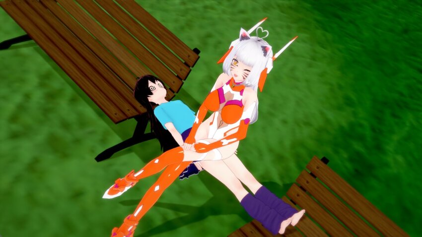 3d ahoge barefoot black_hair breasts catalepsy chair character_request copyright_request crossed_legs femdom gaonya heart human_furniture long_hair looking_at_viewer milly_(spiralmehypno) one_eye_open original shirt sitting skirt spiral_eyes tagme tongue tongue_out white_hair wink yellow_eyes