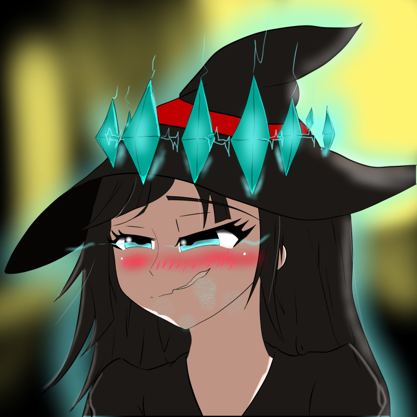 aura black_hair blazy69 blush character_request control_indicator corruption crown eye_color_change eyelashes femsub glowing_eyes green_eyes hat league_of_legends long_hair maledom original possession ruination tagme viego_(league_of_legends) witch_hat