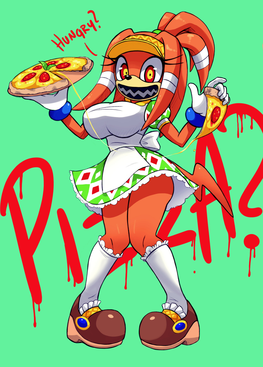 alternate_costume boom_boo breasts echidna_girl english_text femsub food furry happy_trance large_breasts looking_at_viewer pizza possession smile sokerikaneli sonic_the_hedgehog_(series) standing text tikal