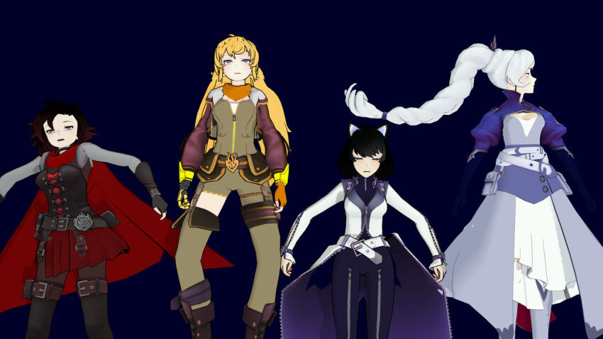 3d airmotor animal_ears arms_above_head belt belted_skirt black_hair blake_belladonna blonde_hair blush bodysuit cape cat_ears cat_girl choker cleavage_cutout clothed corset dress_shirt earrings eye_roll femsub fingerless_gloves fur_coat gloves green_eyes grey_eyes holding_breasts jacket jewelry knee_pads limp long_hair lying maledom mmd multicolored_hair multiple_girls multiple_subs opera_gloves oscar_pine pale_skin pants prosthetic_limb purple_eyes red_hair ruby_rose rwby scarf shirt short_hair sitting skirt sleep_command suspenders thigh_boots thigh_heels tights traditional_hypnosis upskirt weiss_schnee whitewash_eyes yang_xiao_long yellow_eyes zipper