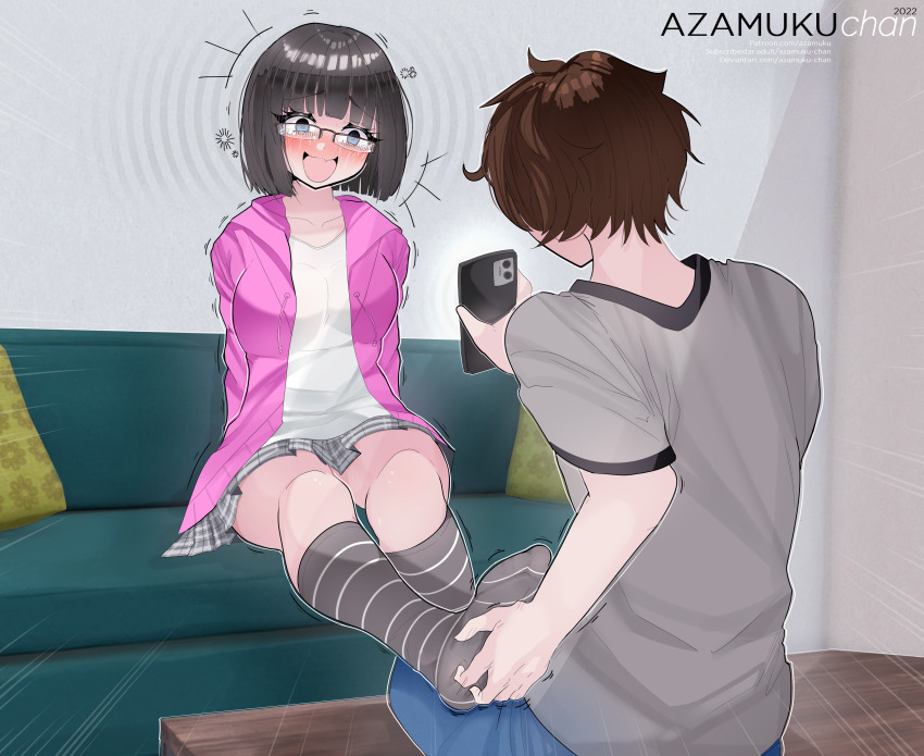 akiko_tsushima azamuku_chan black_hair blush brown_hair couch empty_eyes femsub glasses happy_trance hoodie kyou_koyama laughing maledom penlight phone sitting socks spiral tears tickling