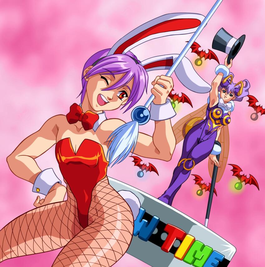alternate_costume antenna_(biology) bare_shoulders bat_wings bee_girl black_eyes body_control breasts bunny_ears bunny_girl bunnysuit capcom choker cleavage cuffs dancing darkstalkers english_text female_only femdom femsub fishnets floating hand_on_hip happy_trance hat lilith_aensland one_eye_open pantyhose pink_background purple_hair q-bee red_eyes short_hair smile stage stage_hypnosis standing succubus text tight_clothing tights top_hat wings wink zabzarock