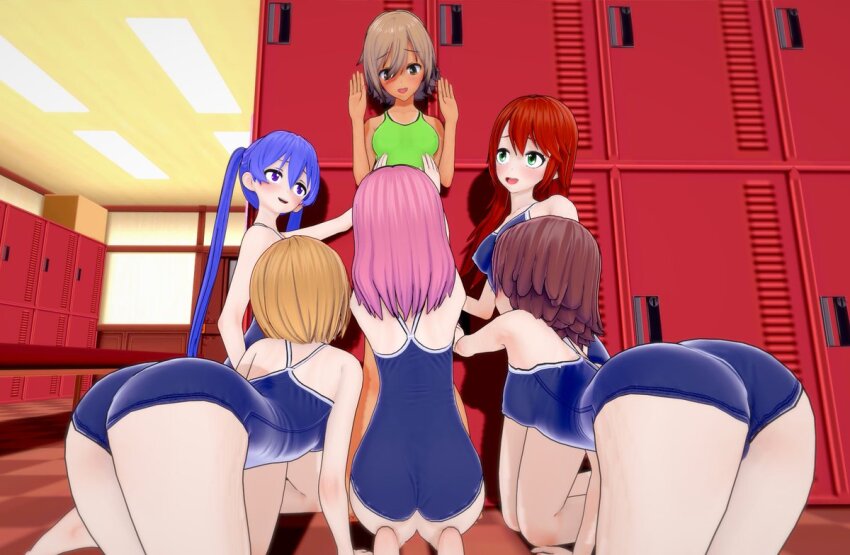 3d ass brown_hair femsub haigure_ayami haigure_ayami_(artist) happy_trance large_breasts leotard original school_swimsuit