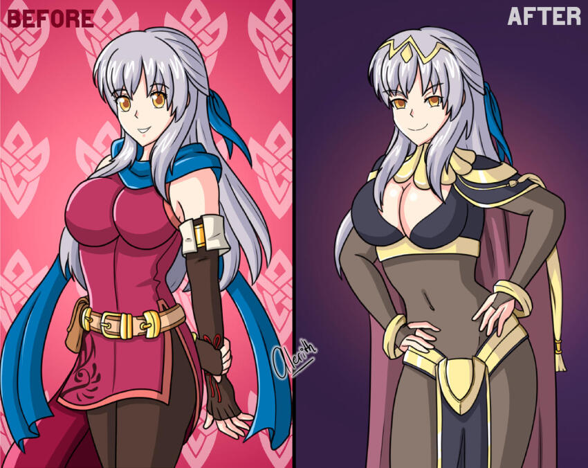 alerith alternate_costume before_and_after bodysuit breasts cape cleavage cleavage_cutout corruption empty_eyes english_text evil_smile female_only femsub fingerless_gloves fire_emblem fire_emblem_awakening fire_emblem_radiant_dawn gloves grey_hair happy_trance large_breasts long_hair looking_at_viewer micaiah navel nintendo opera_gloves smile text yellow_eyes