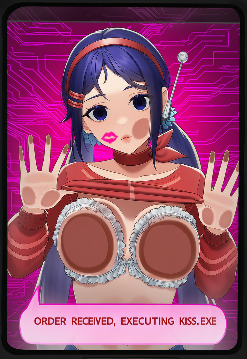 against_glass ai_art antenna blue_hair bow bra breast_press breasts dialogue empty_eyes english_text exposed_chest femsub glass hacking hair_clips hairband hellsing002_(generator) kissing looking_at_viewer miside mita_(miside) phone pov tech_control twintails