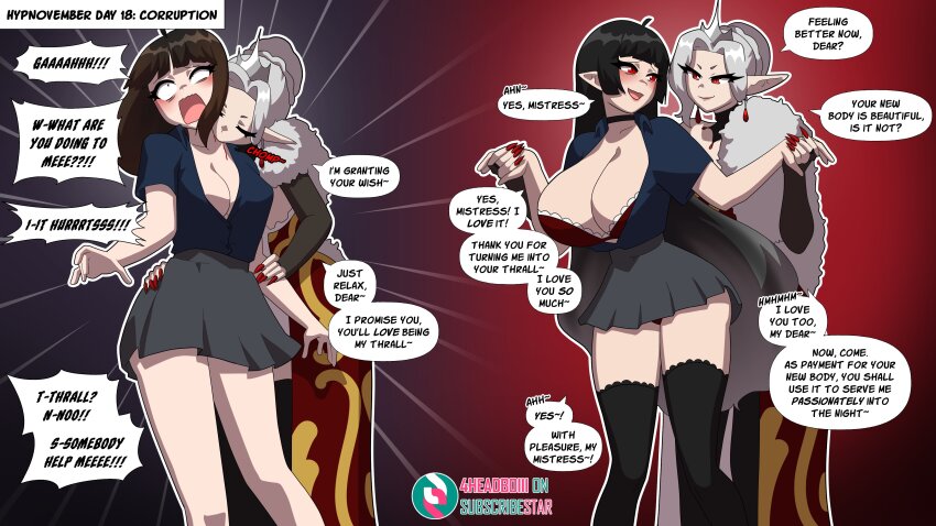 4headboiii absurdres bangs before_and_after black_hair blood bra breast_expansion breasts brown_hair clothed comic corruption elf_ears eye_color_change female_only femdom femsub grey_hair hair_buns hair_color_change hair_growth hime_cut hypnovember long_hair long_nails original queen red_eyes single_hair_bun slit_pupils standing straight-cut_bangs transformation vampire