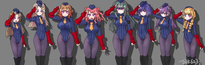 angry arm_bands bangs blonde_hair blush boots bow breasts brown_hair capcom character_request empty_eyes expressionless eyeshadow female_only femsub fingerless_gloves flat_chest gakuen_idolmaster gloves glowing green_hair grey_background hair_buns hair_ornament happy_trance hat leotard lipstick long_hair looking_at_viewer multiple_girls multiple_subs nail_polish open_mouth pantyhose pink_eyes purple_hair saluting shadaloo_dolls shoulder_pads signature simple_background small_breasts smile standing standing_at_attention street_fighter sweat tie tukk623 twin_braids twintails unhappy_trance