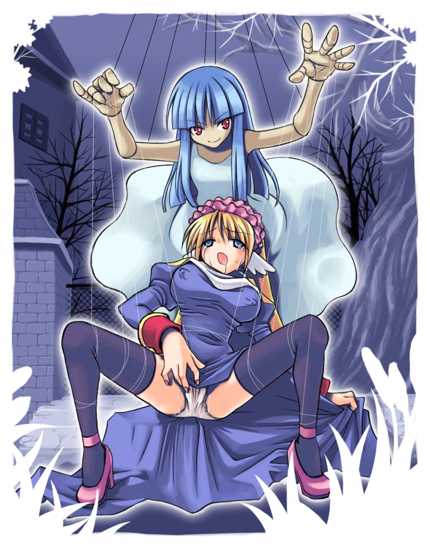aura blonde_hair blue_hair body_control breasts cameltoe dress drool empty_eyes erect_nipples erect_nipples_under_clothes female_only femdom femsub fingering high_heels human_puppet large_breasts marionette_(ragnarok_online) masturbation nail_polish nun outdoors panties priest_(ragnarok_online) puppet ragnarok_online red_eyes sakakura_(sariri) shoes sitting spread_legs tears thighhighs trees very_long_hair wings