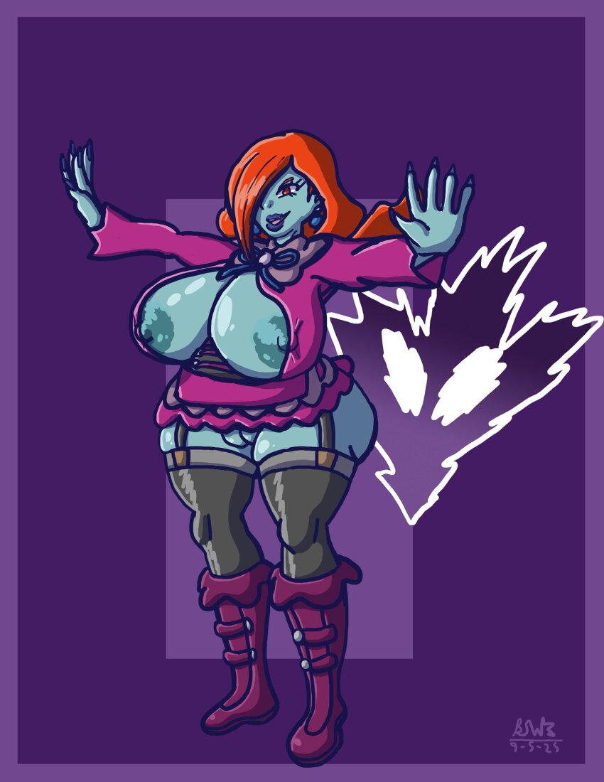 alternate_costume alternate_hairstyle assimilation aura blue_skin bluestarwishes bottomless breasts corruption crossover earrings eye_color_change female_only femdom femsub hair_color_change hair_covering_one_eye hex_maniac large_breasts lipstick nintendo nipples orange_eyes orange_hair pokemon pokemon_legends_z-a pokemon_ruby_sapphire_and_emerald possession pussy shoes standing the_legend_of_zelda thick_thighs thighs veran very_long_hair