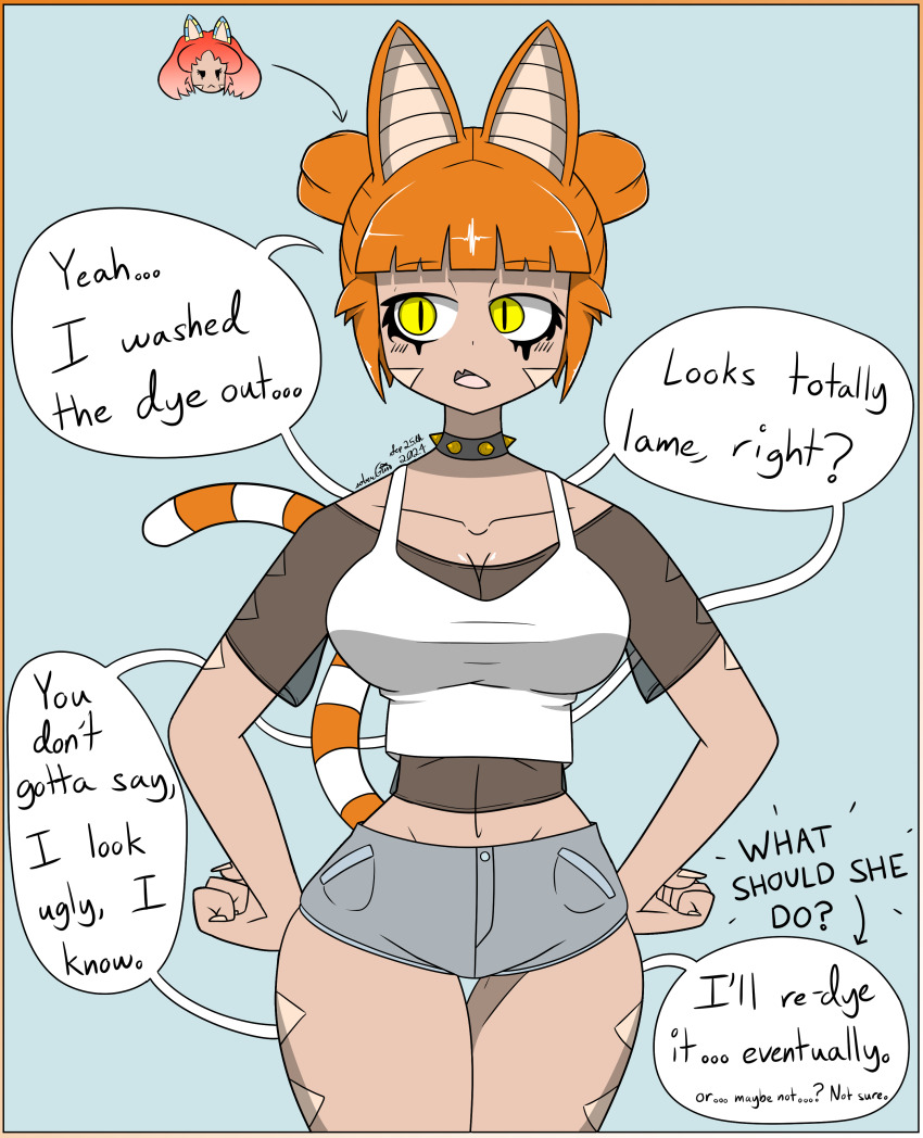 bare_legs before_and_after body_markings border breasts cat_girl choker cleavage collarbone comic dialogue eyebrows_visible_through_hair female_only femsub hair_buns hand_on_hip large_breasts mascara midriff orange_hair original reimiko_(sobergin) short_hair short_shorts shorts signature sobergin solo speech_bubble standing tan_skin tank_top text yellow_eyes