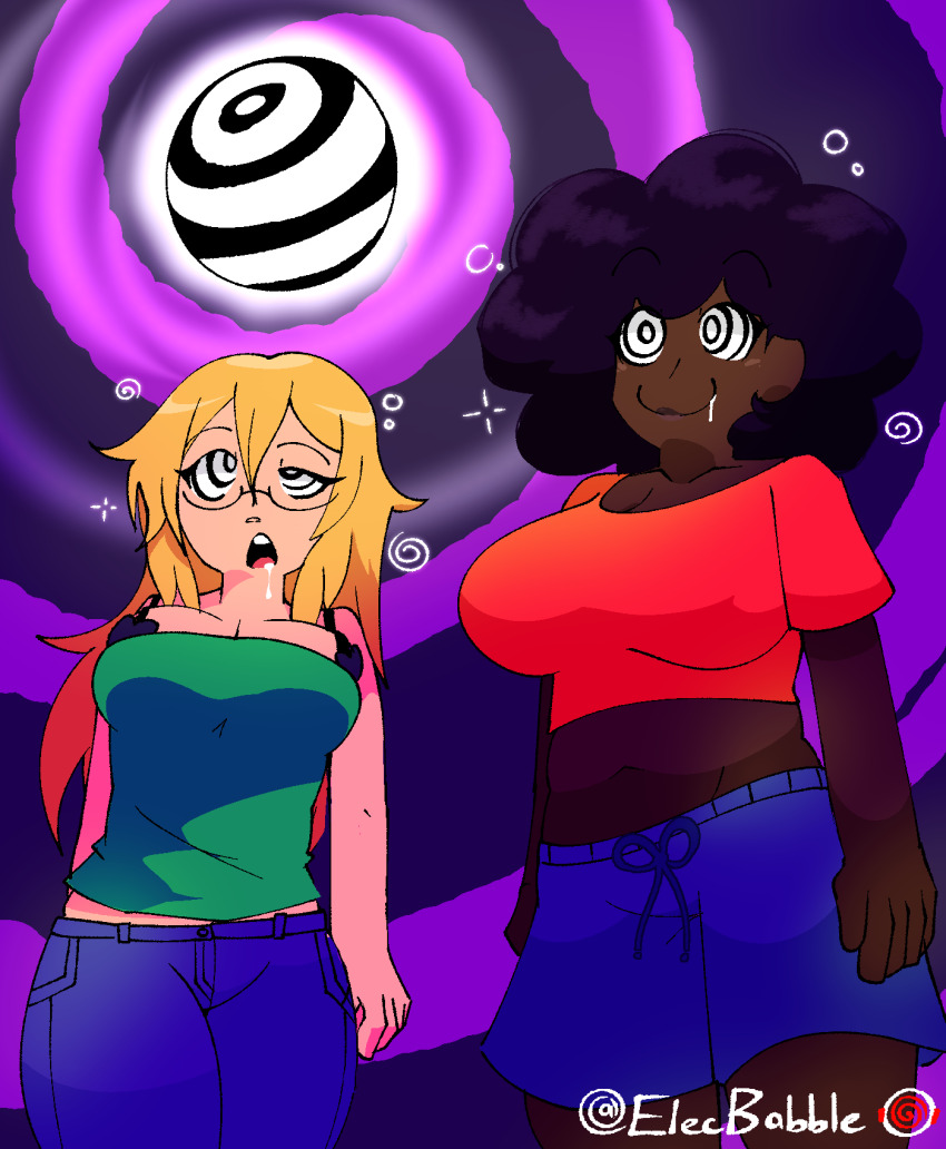 afro black_hair blonde_hair breasts cat_nap_(hypnolordx) cleavage clothed dark_skin dazed drool elecbabble female_only femsub glasses glowing happy_trance hope_(hypnolordx) hypnotic_object hypnotic_orb large_breasts long_hair multiple_girls multiple_subs navel open_mouth original ring_eyes shorts smile spiral spiral_background symbol_in_eyes