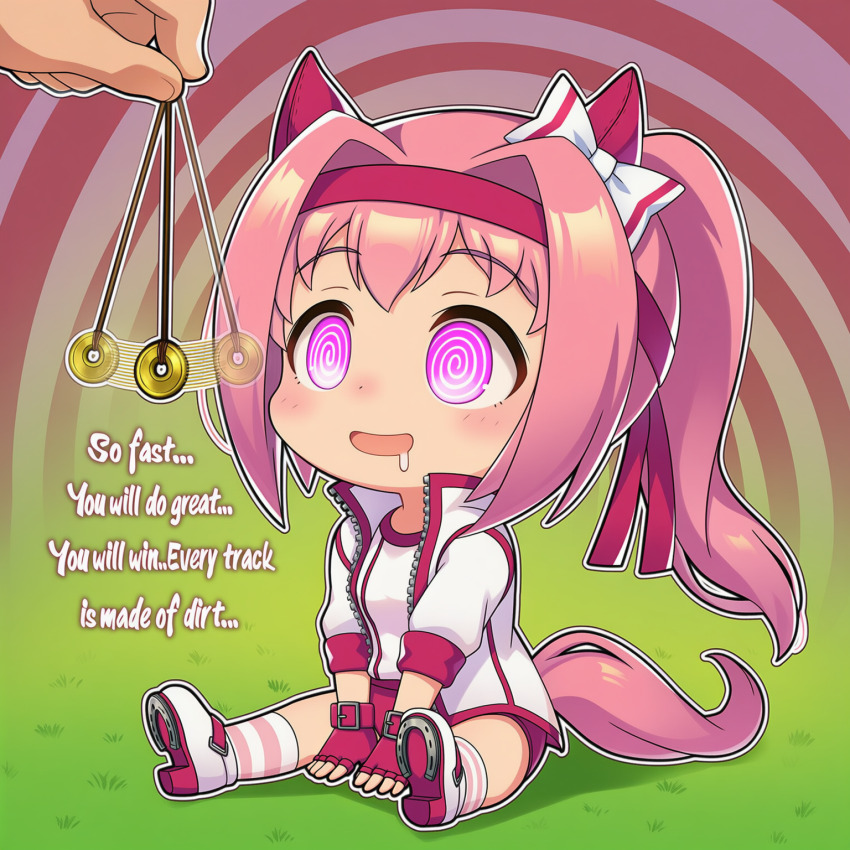 ai_art altered_perception animal_ears bow chibi cygames drool english_text femsub gloves happy_trance haru_urara headband hellsing002_(generator) horse_girl pendulum pink_hair spiral_background spiral_eyes tail text uma_musume