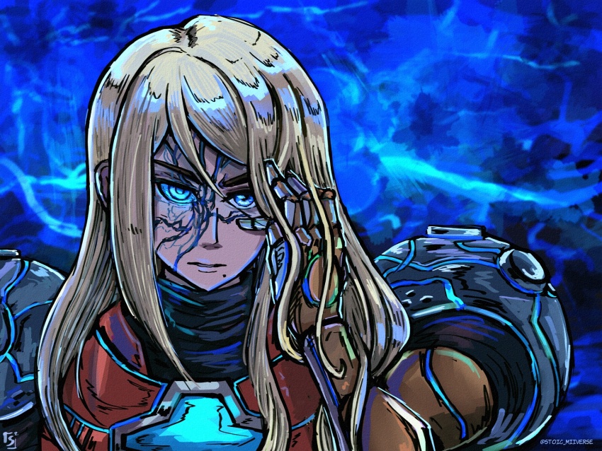 alternate_hairstyle armor blonde_hair blue_background blue_eyes blue_sclera corruption expressionless facial_markings femsub glowing glowing_eyes hand_on_head long_hair metroid_(series) mole nintendo phazon samus_aran stoic_seraphim