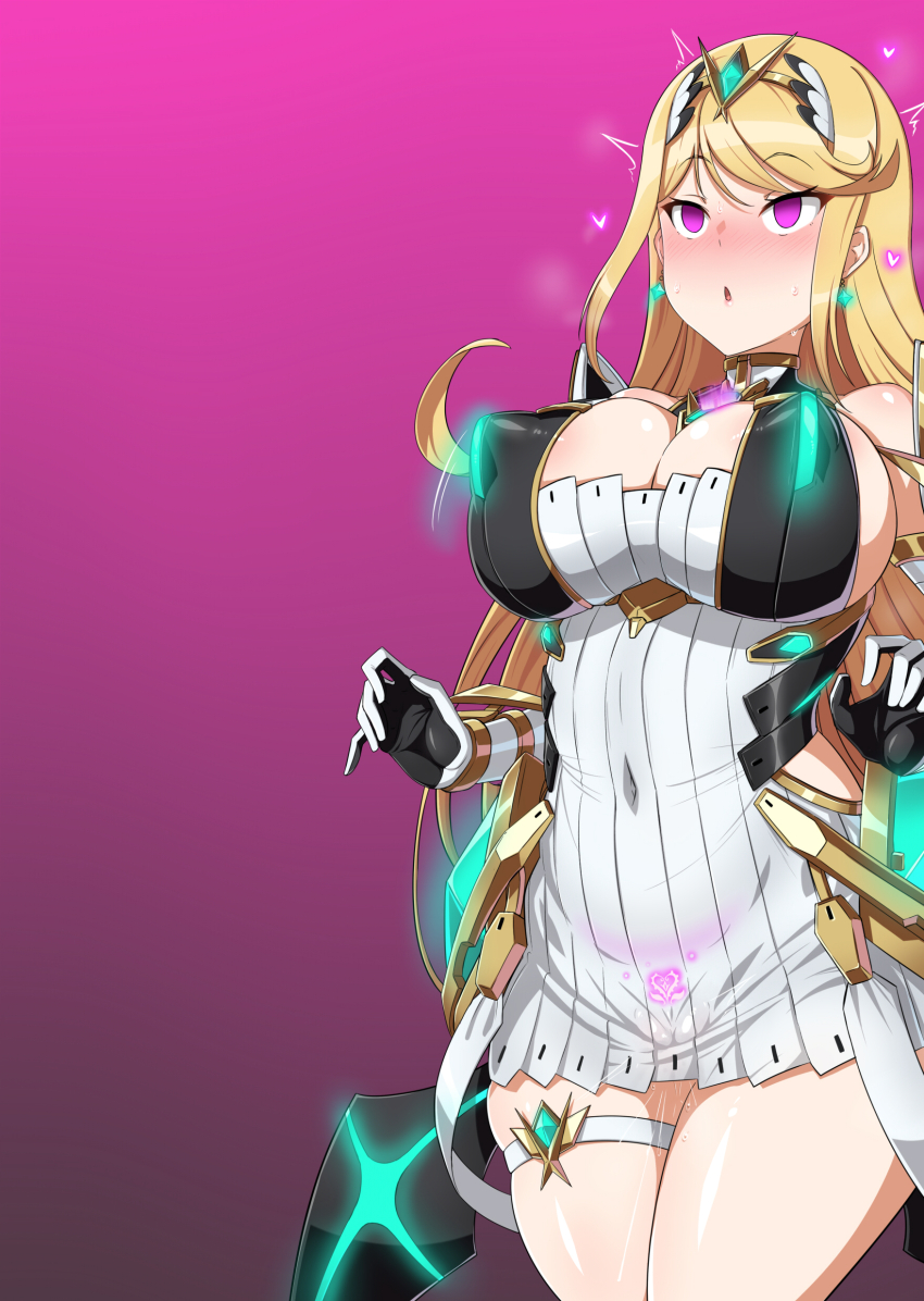 bare_shoulders blonde_hair blush breath cameltoe cleavage clothed_exposure crotch_tattoo dazed dress earrings empty_eyes erect_nipples erect_nipples_under_clothes gloves glowing_eyes gradient_background ikidumi large_breasts mythra_(xenoblade) navel nintendo opera_gloves pink_background pink_eyes pussy pussy_juice simple_background sweat trembling very_long_hair vibrator wide_hips xenoblade_chronicles xenoblade_chronicles_2