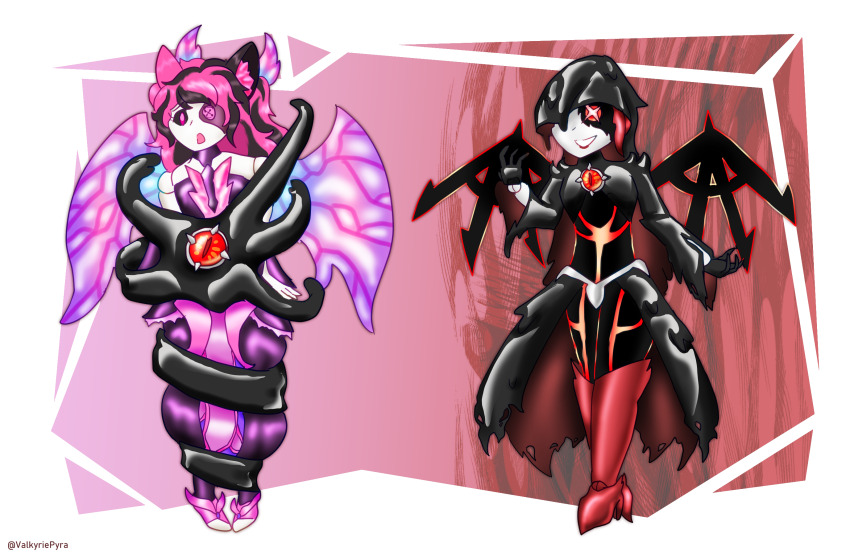 before_and_after black_eyes black_sclera character_request clothed corruption doll eye_color_change femsub hair_color_change happy_trance high_heels latex original parasite pink_eyes pink_hair possession red_eyes red_hair slit_pupils smile spyralpyra transformation wings