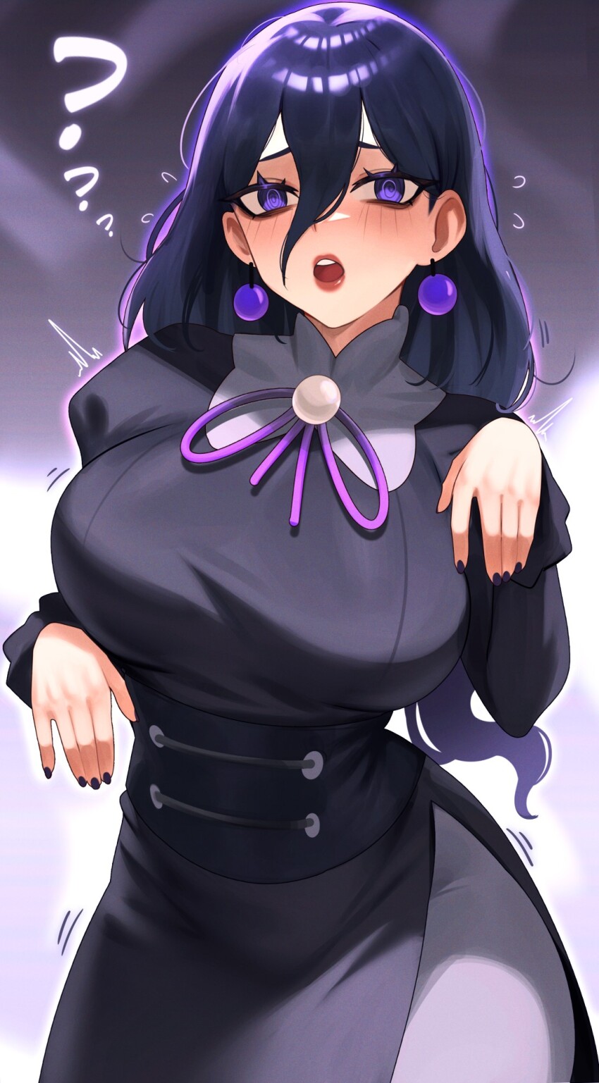 blush breasts clothed confused dress earrings femsub glowing hex_maniac jewelry koaru large_breasts lipstick long_hair makeup nail_polish nintendo open_mouth pokemon pokemon_legends_z-a possession purple_eyes purple_hair spiral_eyes sweat symbol_in_eyes tight_clothing trembling
