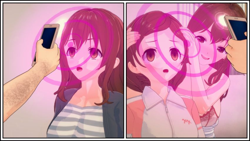 arm_hair betrayal bra brown_hair cell_phone clothed empty_eyes expressionless femdom femsub hypnotic_app hypnotized_assistant koikatsu! long_hair male_pov maledom milf mother_and_daughter multiple_girls multiple_subs open_mouth original pov_dom resisting satsuki short_hair smile spiral_eyes