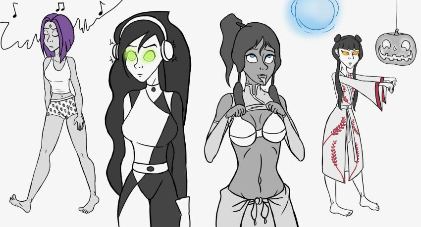 ahegao avatar_the_last_airbender bare_legs barefoot blue_eyes bra dc_comics drool expressionless eye_roll glowing_eyes green_eyes headphones hypnotic_accessory hypnotic_audio hypnotic_music kim_possible_(series) korra legend_of_korra mai mentholmind orange_eyes orb pajamas pumpkin purple_hair raven robe robotic_trance shego shirt_lift shorts sleeping sleepwalking standing_at_attention tank_top teen_titans tongue_out zombie_walk