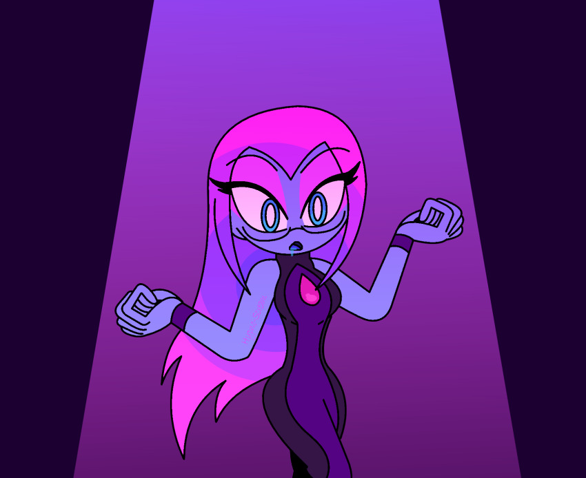 bisexual blue_eyes blue_skin bodysuit dancing drool eyeshadow female_only femsub glasses hypnoscream hypnotic_light jewelry long_hair looking_at_viewer multicolored_hair open_mouth original pink_hair purple_hair simple_background solo valerie_chalkydri_(hypnoscream) wide_hips wrist_band