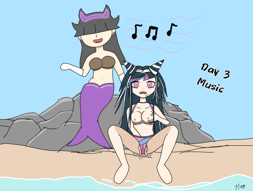 beach black_hair dangan_ronpa empty_eyes femdom femsub hypnotic_music hypnovember ibuki_mioda masturbation original siren swimsuit text the_new_o-girl