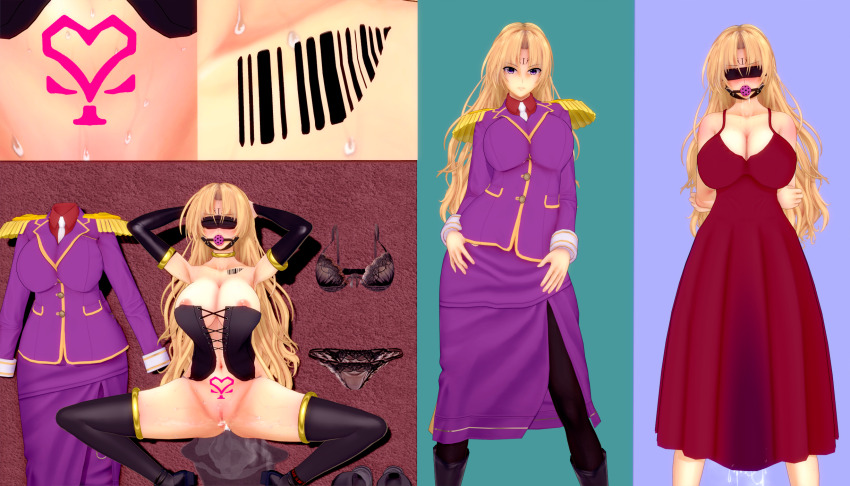 3d alternate_costume armpits arms_above_head ball_gag barcode bare_shoulders before_and_after black_cat_(manga) blindfold blonde_hair blue_background blue_eyes blush bondage boots choker cleavage clothed_exposure collarbone corset crotch_tattoo dead_source dress drool expressionless female_only femsub gag gloves huge_breasts koikatsu! long_hair looking_at_viewer nipples opera_gloves pantyhose pussy pussy_juice rain_(artist) red_background sephiria_arks shoes shoulder_pads simple_background spread_legs squatting standing sweat tattoo thighhighs tie very_long_hair