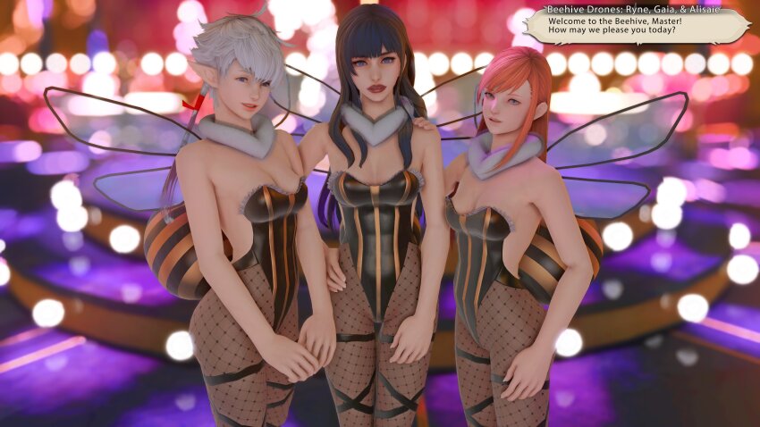 absurdres alisaie_leveilleur bangs bee_suit black_hair blue_eyes dialogue expressionless female_only femsub final_fantasy final_fantasy_xiv fishnets gaia_(final_fantasy_xiv) hand_on_hip lipstick long_hair looking_at_viewer makeup male_pov multiple_girls multiple_subs orange_hair pantyhose pov red_lipstick ryne short_hair smile straight-cut_bangs tagme text uniform white_hair zelerohcir