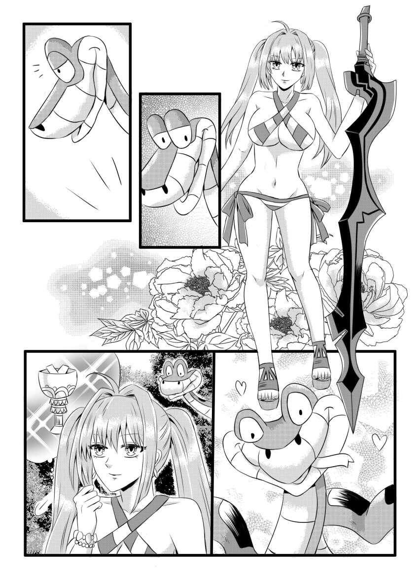 bikini breasts comic disney fate/grand_order fate_(series) heart kaa long_hair monochrome nero_claudius_caesar_augustus_germanicus_(fate) nilanandita sandals snake sword the_jungle_book twintails