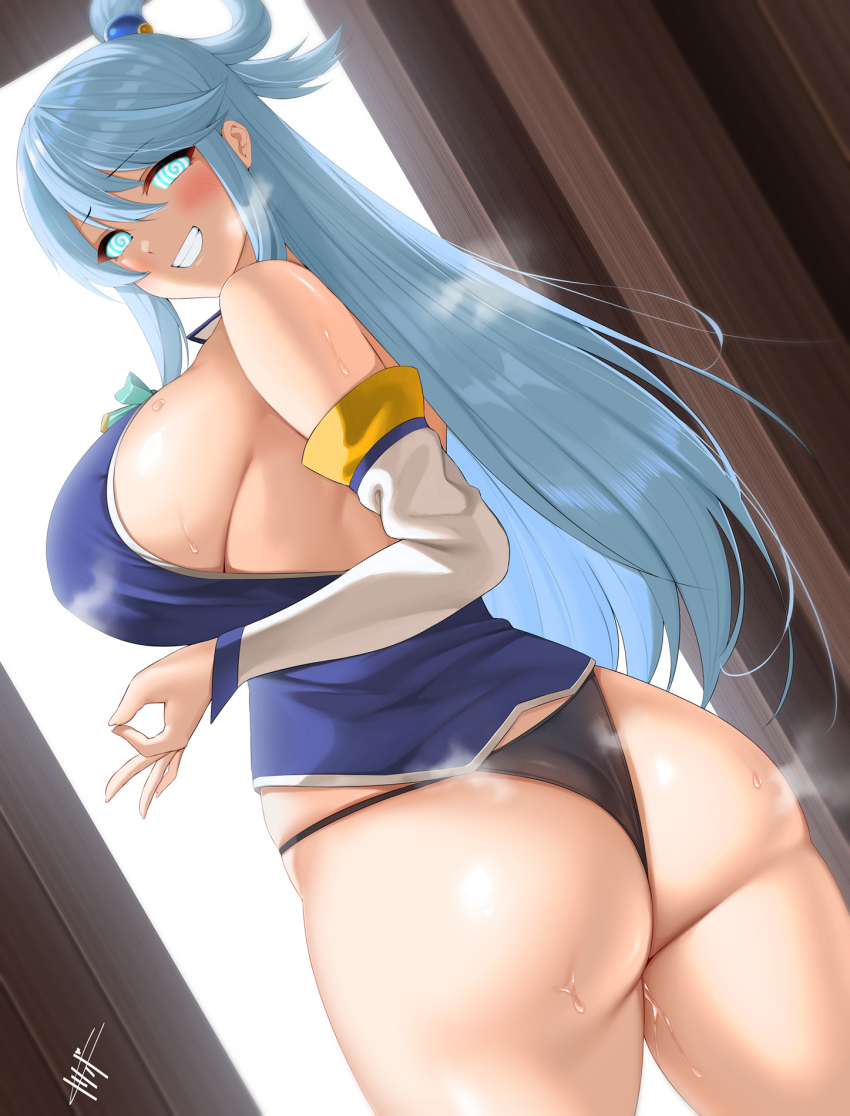 altered_perception aqua_(konosuba) ass blue_hair blush breasts breath female_only femsub glowing goddess happy_trance huge_ass huge_breasts kisaragi_tsurugi kono_subarashii_sekai_ni_shukufuku_wo! long_hair looking_at_viewer looking_back manip misterman4_(manipper) panties smile spiral_eyes sweat symbol_in_eyes thong underwear