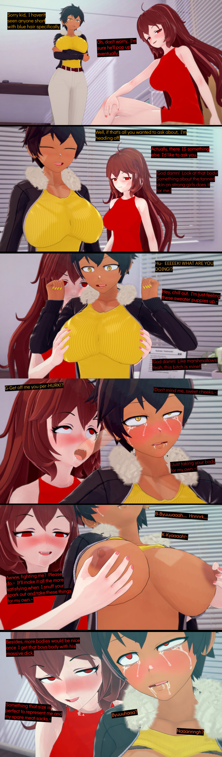 3d black_hair brain_injection breast_grab breasts brown_hair corruption cyanstargazer dark_skin drool erect_nipples femsub friday_night_funkin' ghost ghost_boy girlfriend_(friday_night_funkin') koikatsu! large_breasts maledom multiple_girls multiple_subs my_senpai_is_annoying natsumi_kurobe open_mouth possession red_eyes tears text yellow_eyes