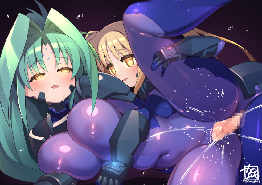 blonde_hair blush bodysuit breasts enemy_conversion erect_nipples_under_clothes fate_testarossa femsub futa_with_female futanari futasub glowing glowing_eyes green_eyes green_hair gummy1024 happy_trance large_breasts lindy_harlaown long_hair magical_girl_lyrical_nanoha navel numbers_(nanoha) see-through sex smile spread_legs sub_on_sub twintails vaginal yellow_eyes