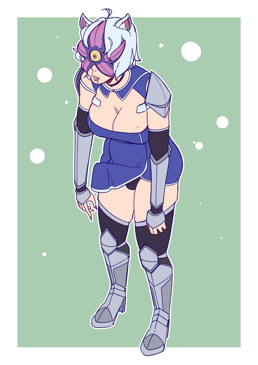 armor blue_hair breasts cat_ears cat_girl cleavage cleavage_cutout dazed dc_comics drool efalabrino erection erection_under_clothes femsub futanari large_breasts leaning_forward mole original parasite possession sketch skirt_lift slouching starro stomach_bulge yellow_eyes