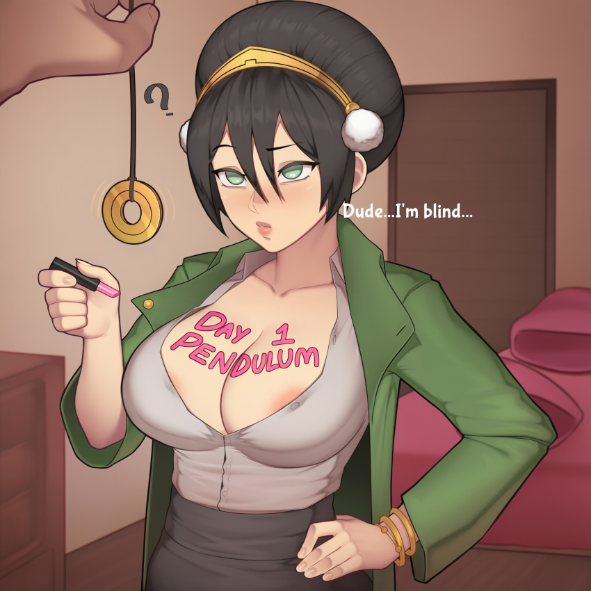 ai_art avatar_the_last_airbender body_writing comic english_text failed_hypnosis femsub hypnovember lipstick maledom mrchypno_(generator) nickelodeon nipples no_bra pendulum text toph unaware