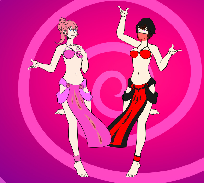 barefoot black_hair clothed collarbone dancing dazed feet female_only femdom femsub harem_outfit katsiika loincloth mira_(thatguysly) multiple_girls navel open_mouth original pink_hair ponytail ruby_rose rwby short_hair smile spiral_background veil