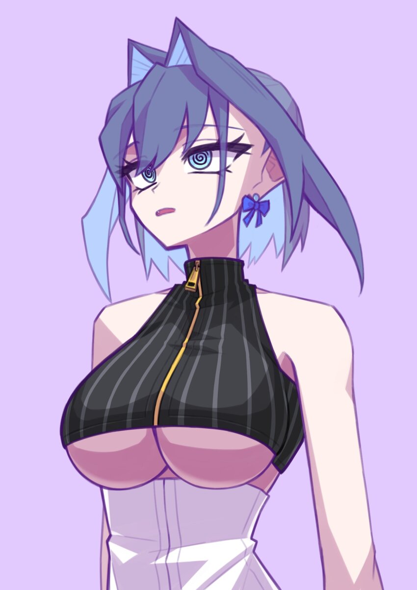 blue_eyes blue_hair clothed femsub hololive hololive_english kronii_ouro large_breasts open_mouth short_hair spiral_eyes standing underboob virtual_youtuber zenox5300