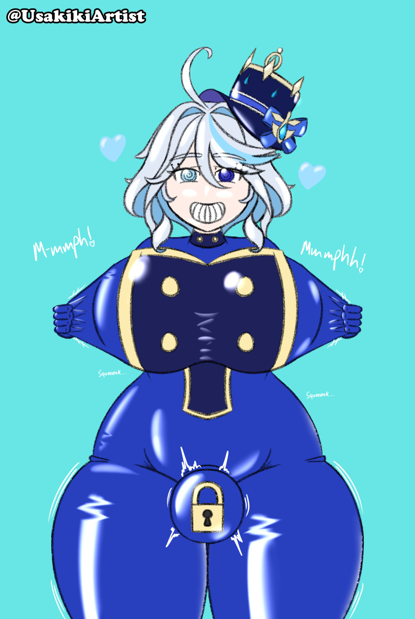 ahoge ass blue_eyes blue_hair bodysuit breasts bulge female_only femsub furina_(genshin_impact) futa_only futanari futasub genshin_impact happy_trance hat heart heterochromia huge_breasts latex meat_corp multicolored_hair null_bulge ribbon rubber short_hair smile spiral_eyes standing symbol_in_eyes thick_thighs uniform usakiki white_hair