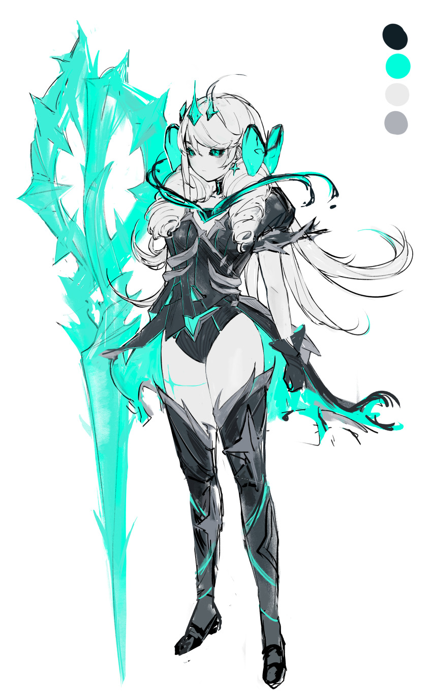 alternate_costume alternate_hairstyle black_sclera body_markings butterfly control_indicator corruption crown earrings expressionless eye_color_change femsub floating green_eyes grey_hair gwen_(league_of_legends) hair_color_change kkotkke league_of_legends maledom pale_skin possession ruination smoke thighhighs thighs very_long_hair viego_(league_of_legends) weapon white_hair