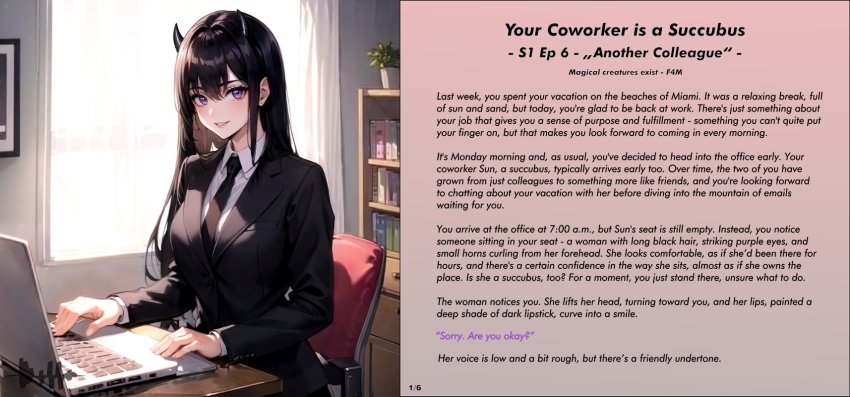 ai_art black_hair demon demon_girl dittouh_(generator) femdom horns long_hair male_pov malesub office office_lady orange_eyes pov purple_eyes red_hair story succubus yellow_eyes