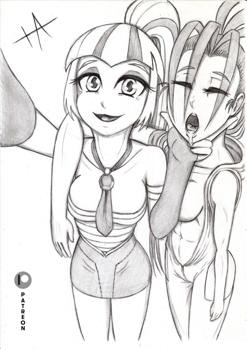 bare_shoulders breasts capcom chin_hold choker closed_eyes crossover drool equestria_girls female_only femdom femsub greyscale iashmoreart ibuki long_hair my_little_pony navel open_mouth ponytail selfie signature skirt sleeping smile sonata_dusk standing street_fighter tie